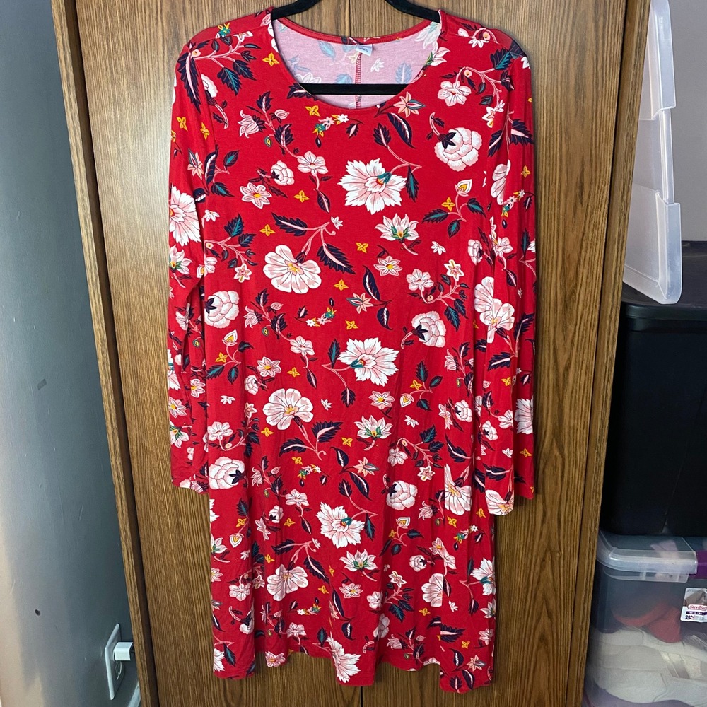 Old Navy Floral Swing Dress Womens Large Red Long Sleeve Rayon Spandex Stretch